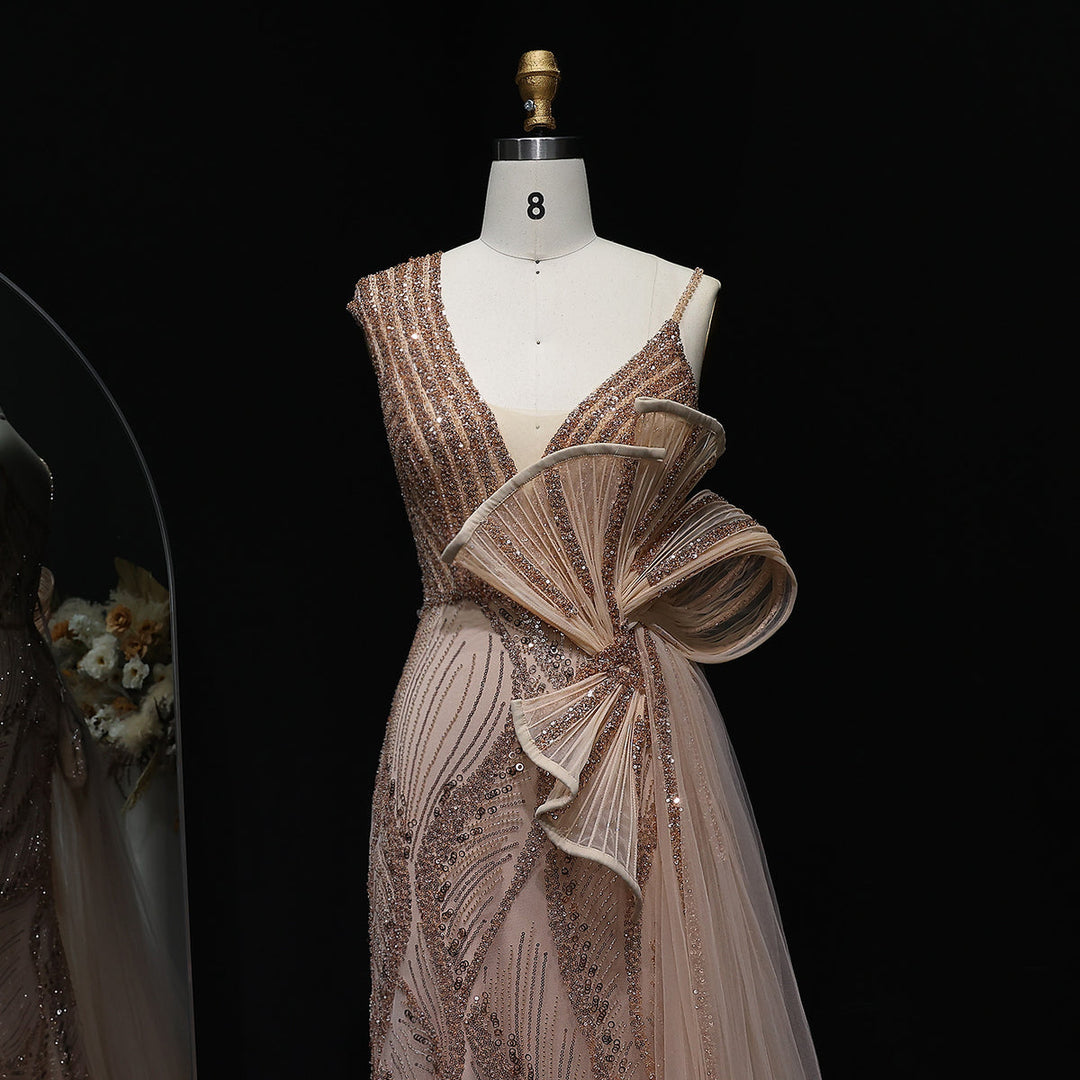 Elegant 3D Floral Beaded Evening Dress with Flowing Overskirt SS062