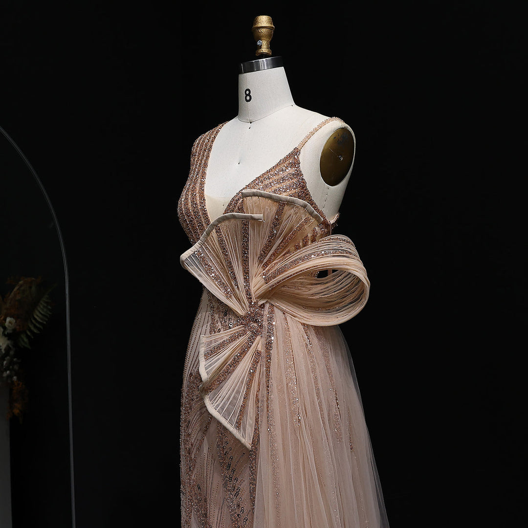 Elegant 3D Floral Beaded Evening Dress with Flowing Overskirt SS062