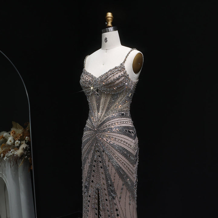 Elegant Beaded Evening Dress with Spaghetti Straps SS020