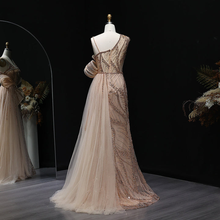 Elegant 3D Floral Beaded Evening Dress with Flowing Overskirt SS062