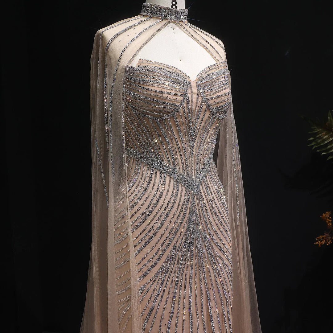 Elegant Pink Mermaid Evening Dress with Crystals Cape SS017