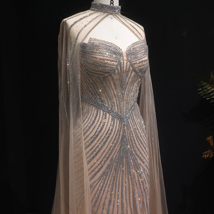 Elegant Pink Mermaid Evening Dress with Crystals Cape SS017