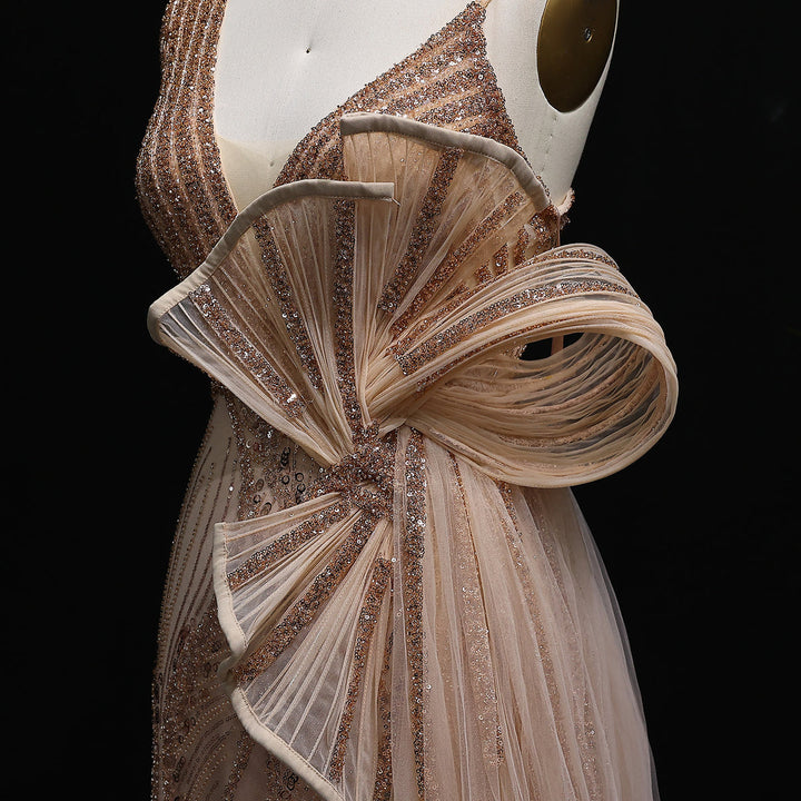 Elegant 3D Floral Beaded Evening Dress with Flowing Overskirt SS062