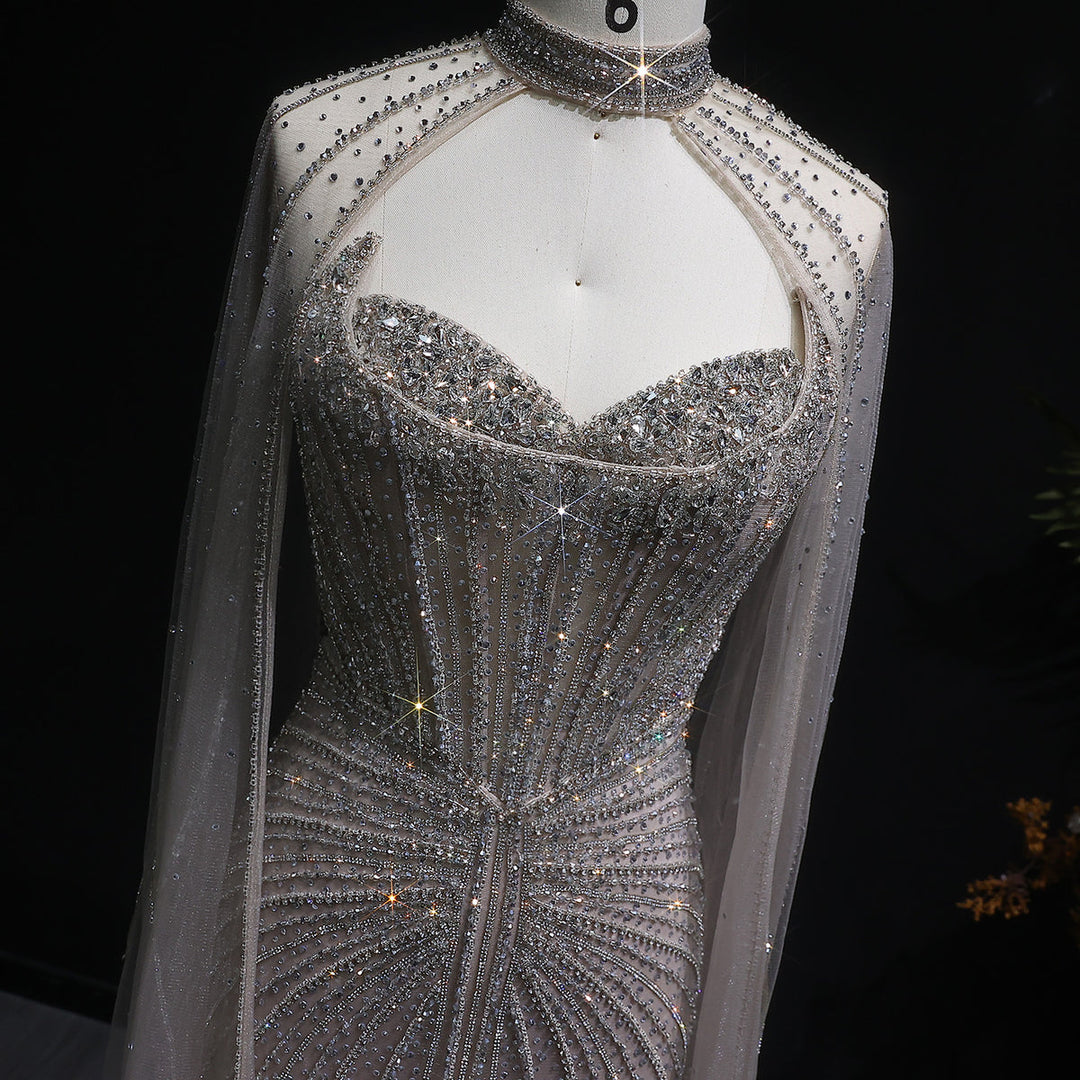Shimmering Beaded Evening Dress with Cape Train SS156
