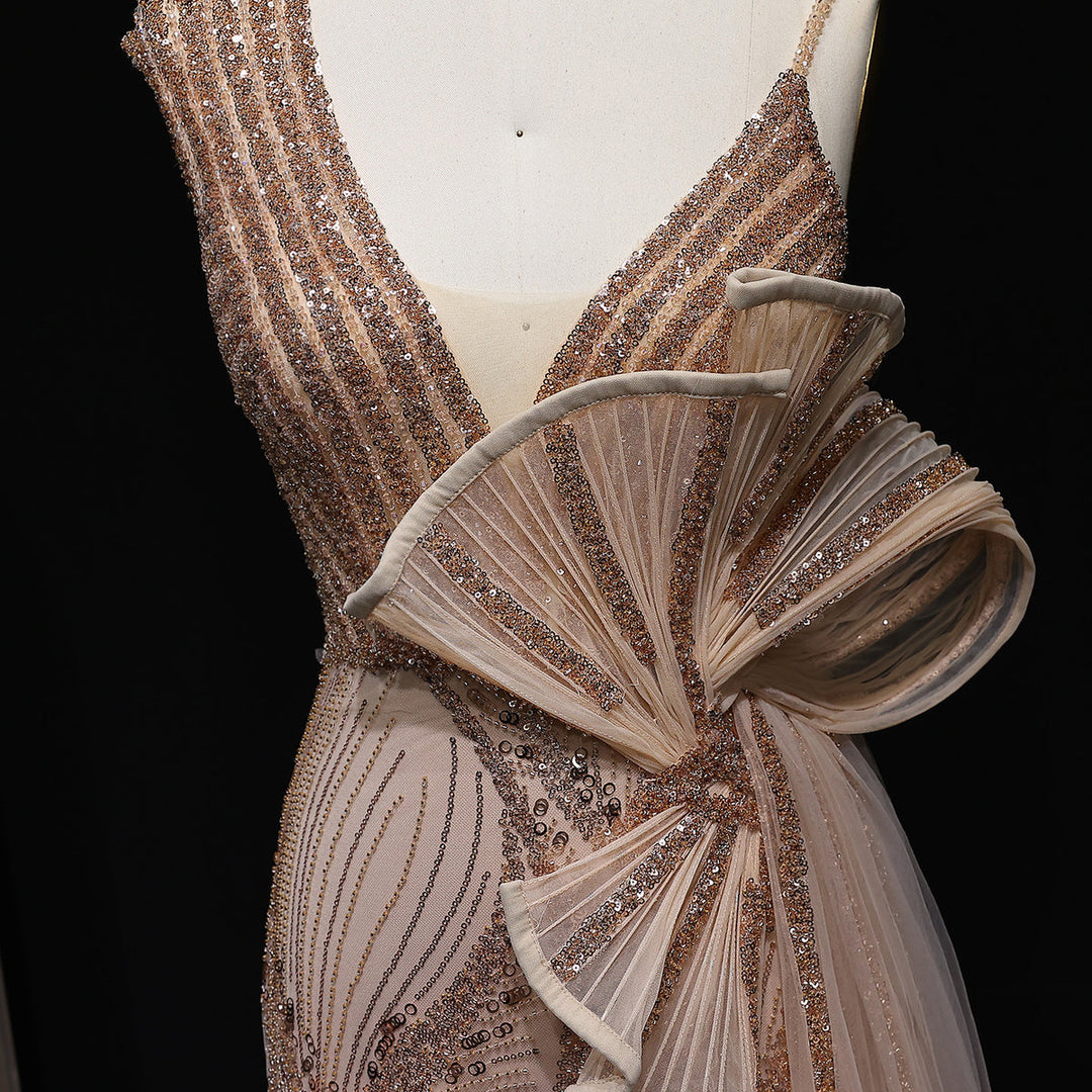 Elegant 3D Floral Beaded Evening Dress with Flowing Overskirt SS062