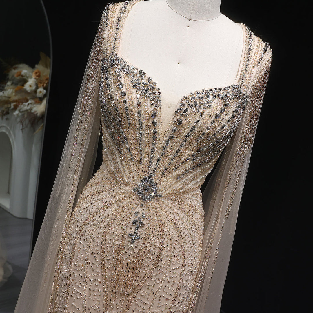 Sophisticated Evening Dress with Sheer Cape Sleeves SS024