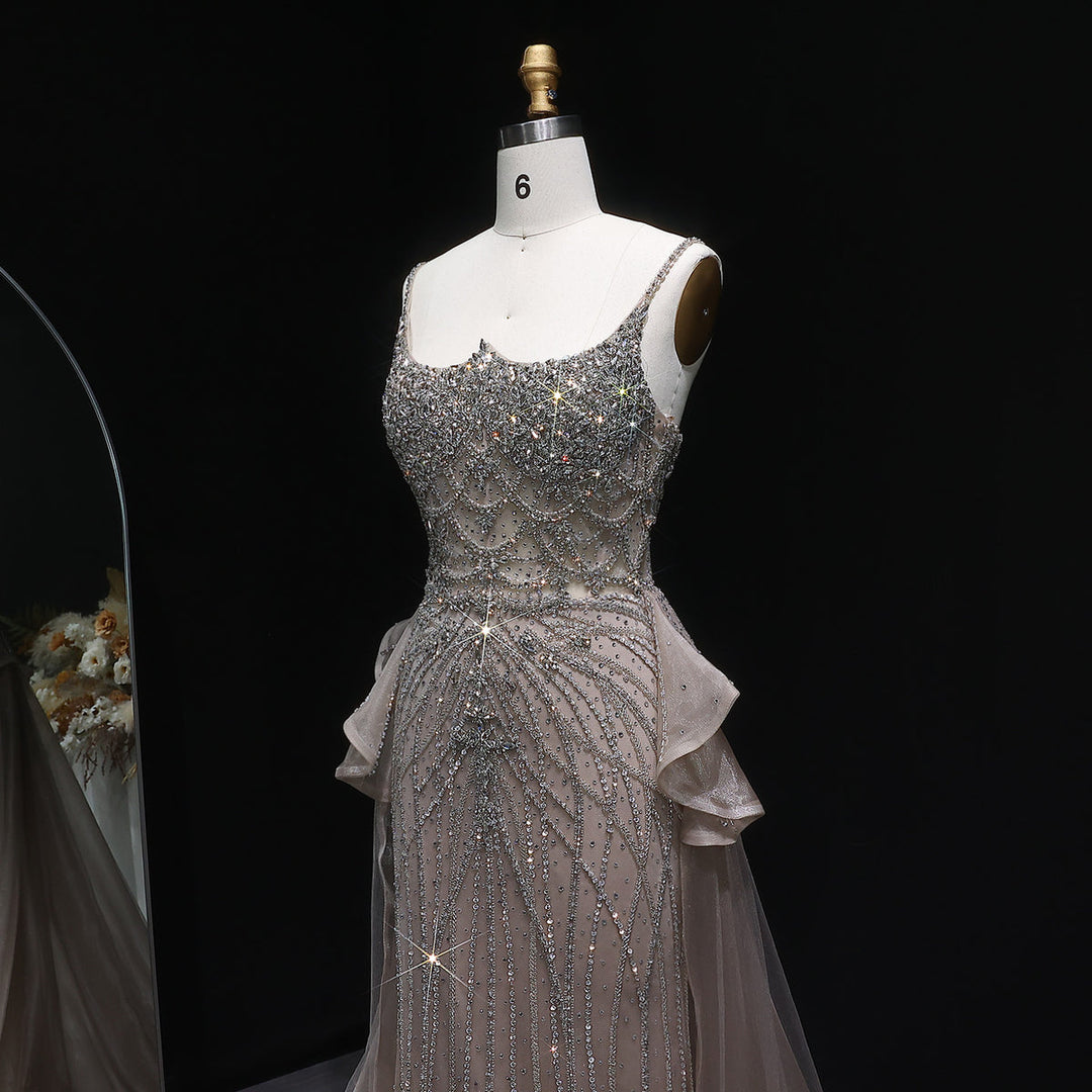 Glamorous Champagne Evening Dress with Layered Overskirt SS026