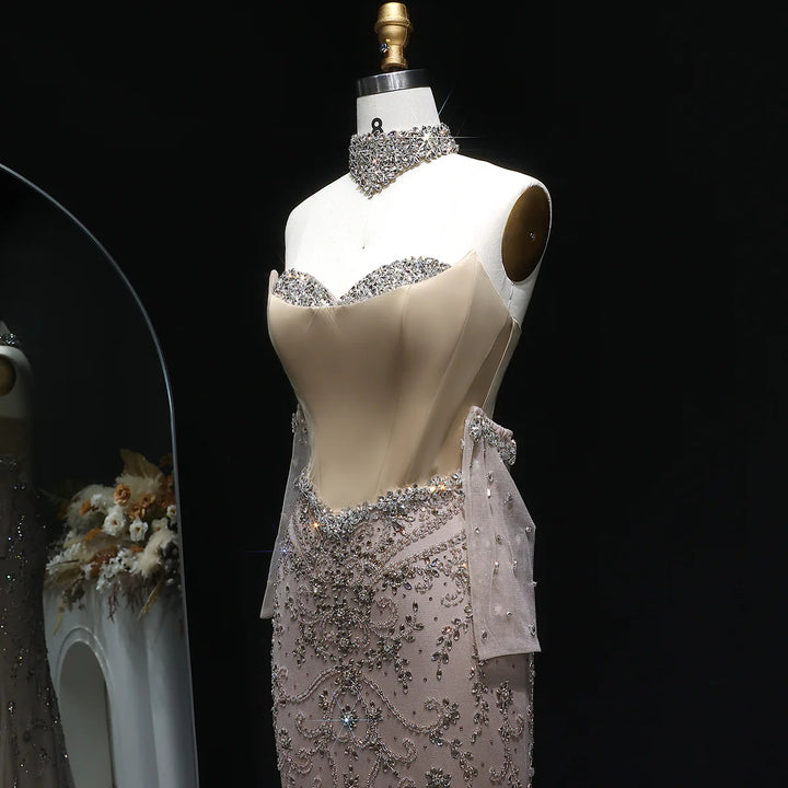 Elegant Champagne Beaded Evening Dress with Scarf Gloves SS069