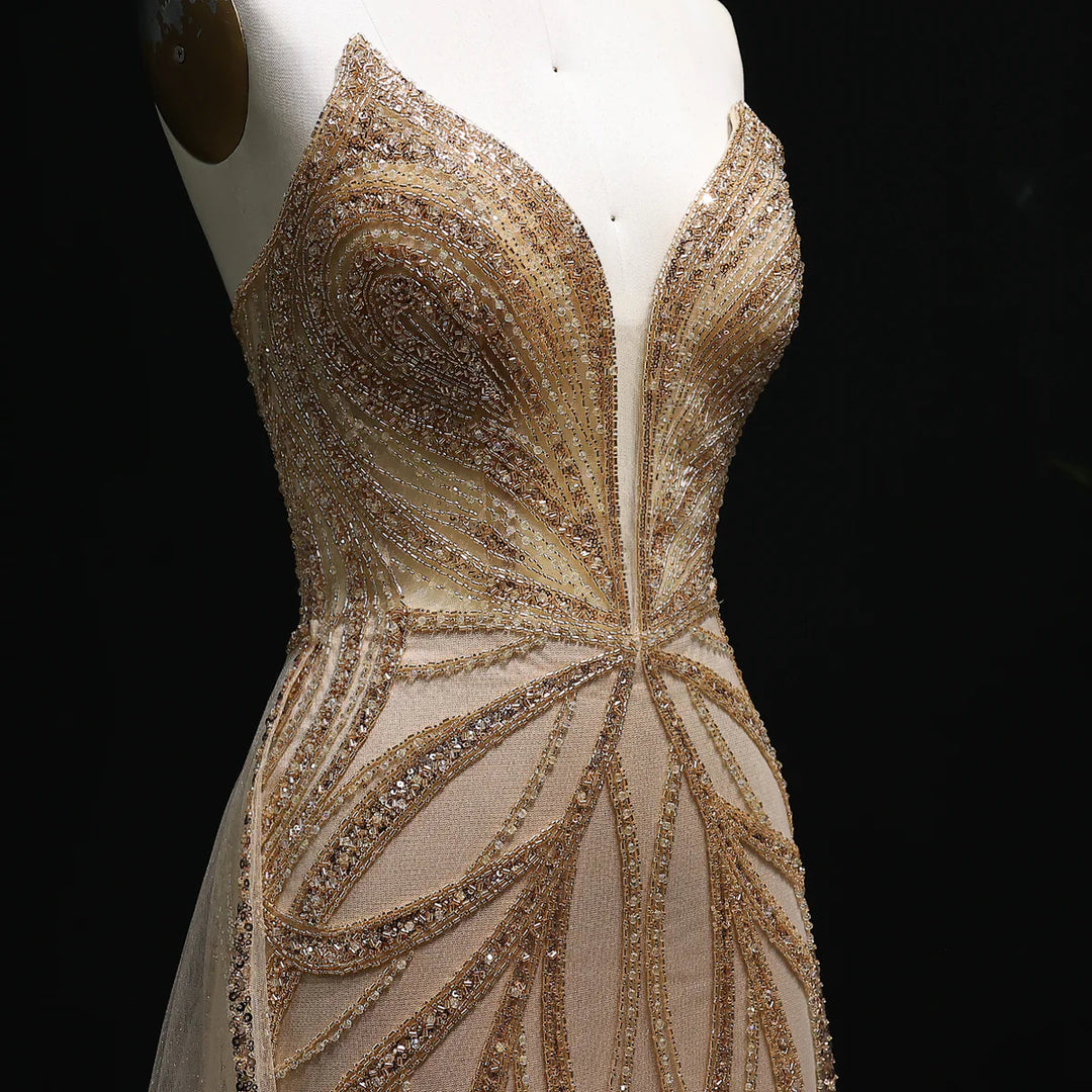 Luxury Champagne Evening Dress with Dramatic Overskirt SS068