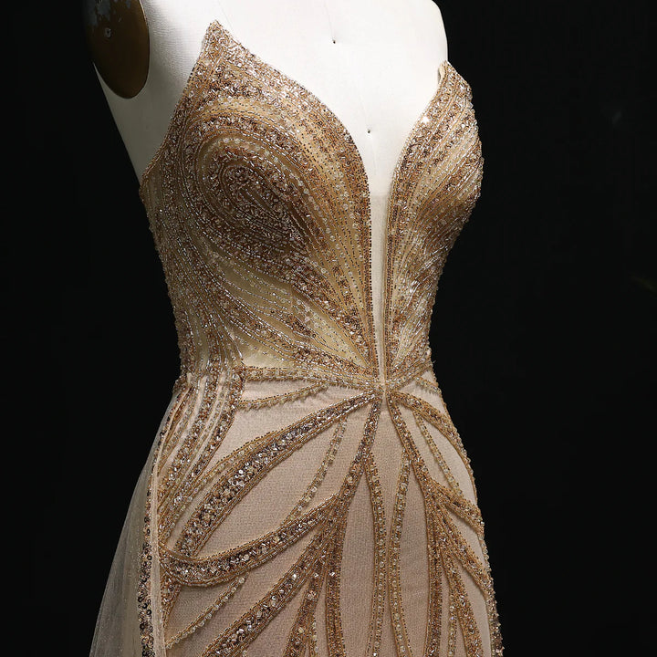 Luxury Champagne Evening Dress with Dramatic Overskirt SS068
