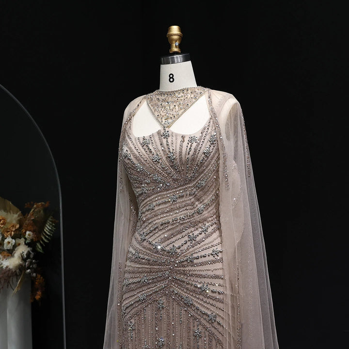 Elegant Beaded Mermaid Evening Dress with Cape Sleeves SS149