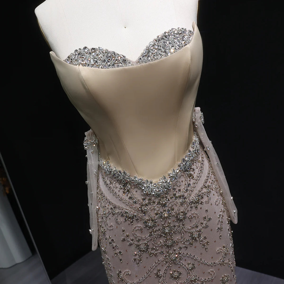 Elegant Champagne Beaded Evening Dress with Scarf Gloves SS069