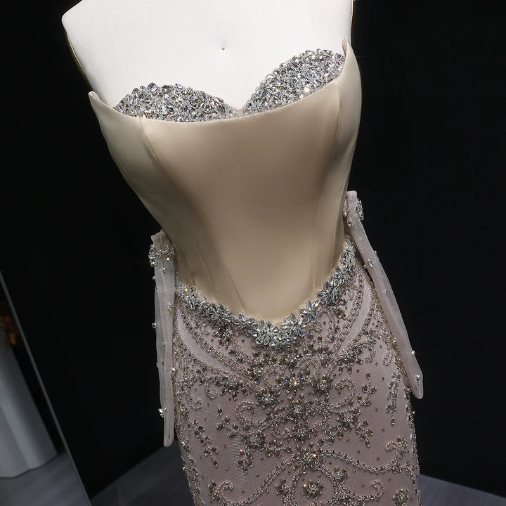 Elegant Champagne Beaded Evening Dress with Scarf Gloves SS069