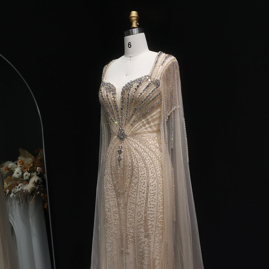 Sophisticated Evening Dress with Sheer Cape Sleeves SS024