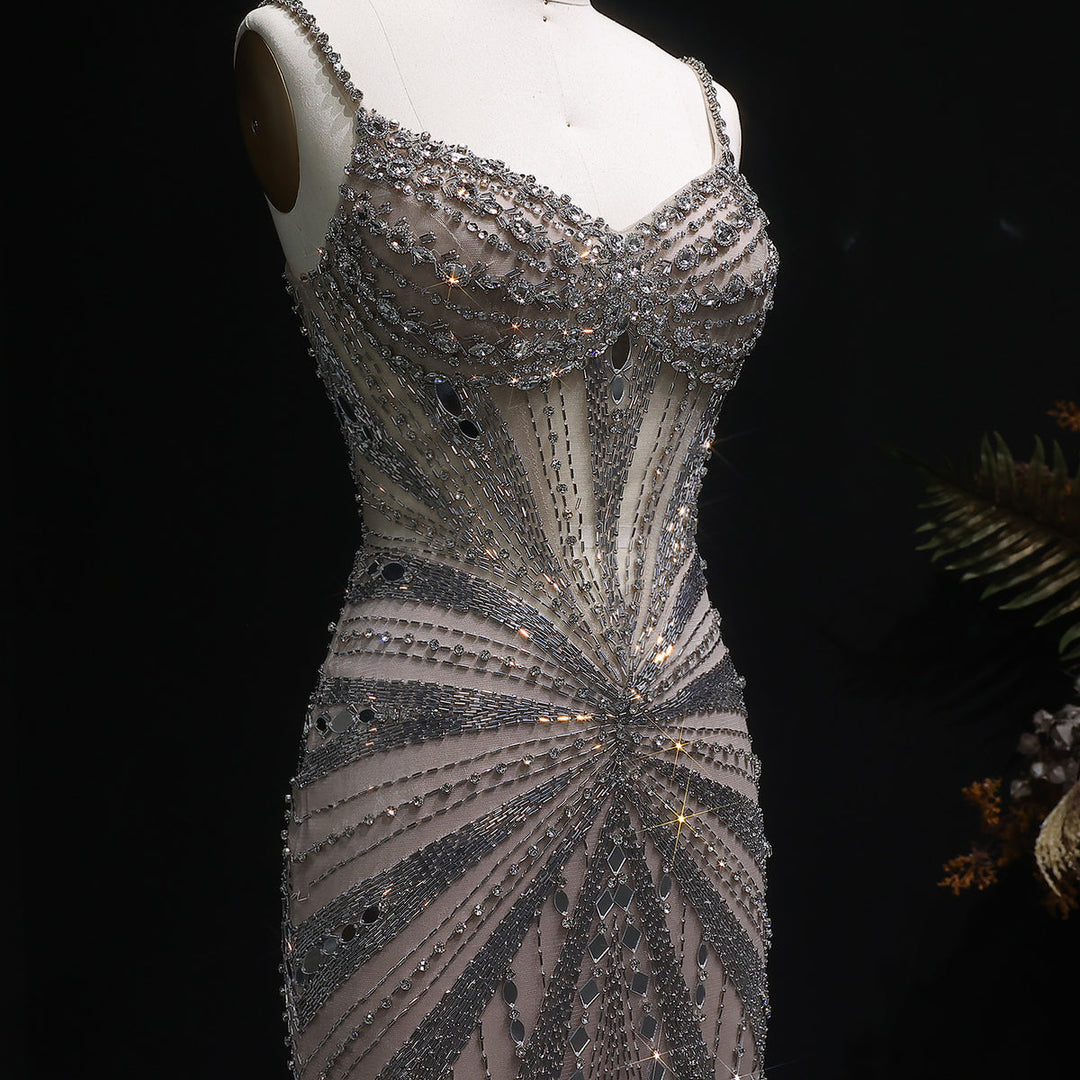 Elegant Beaded Evening Dress with Spaghetti Straps SS020