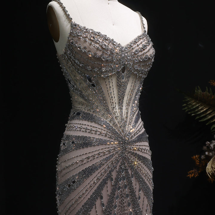 Elegant Beaded Evening Dress with Spaghetti Straps SS020