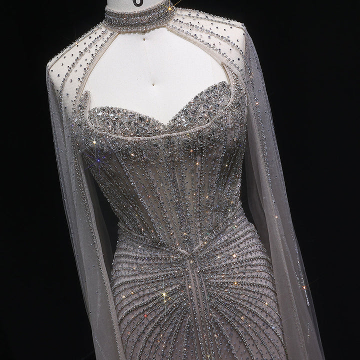 Shimmering Beaded Evening Dress with Cape Train SS156