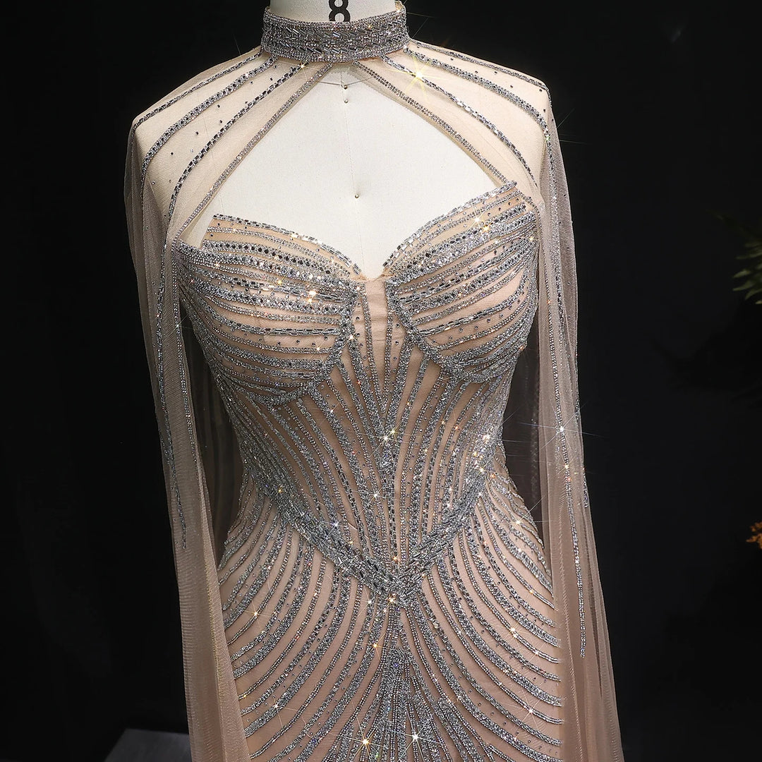 Elegant Pink Mermaid Evening Dress with Crystals Cape SS017