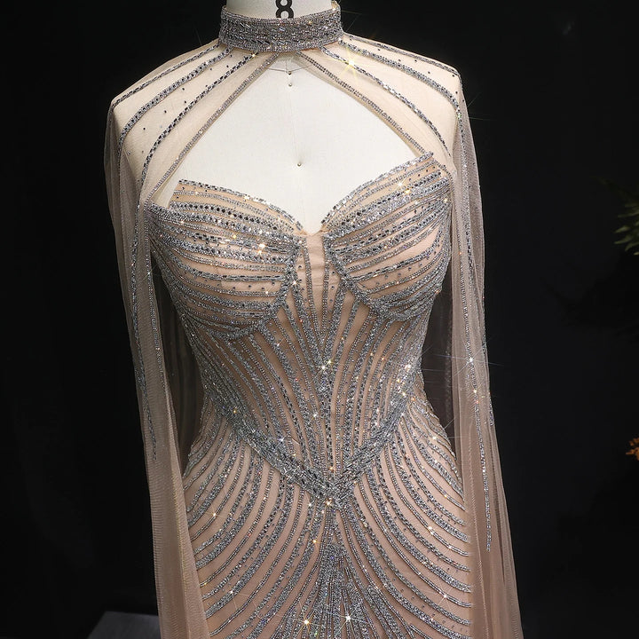 Elegant Pink Mermaid Evening Dress with Crystals Cape SS017