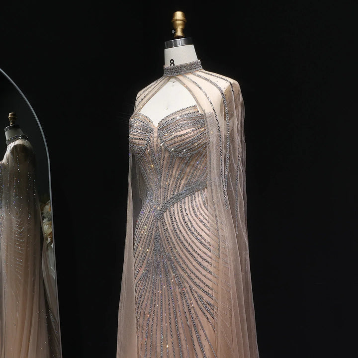 Elegant Pink Mermaid Evening Dress with Crystals Cape SS017