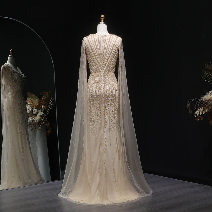 Sophisticated Evening Dress with Sheer Cape Sleeves SS024