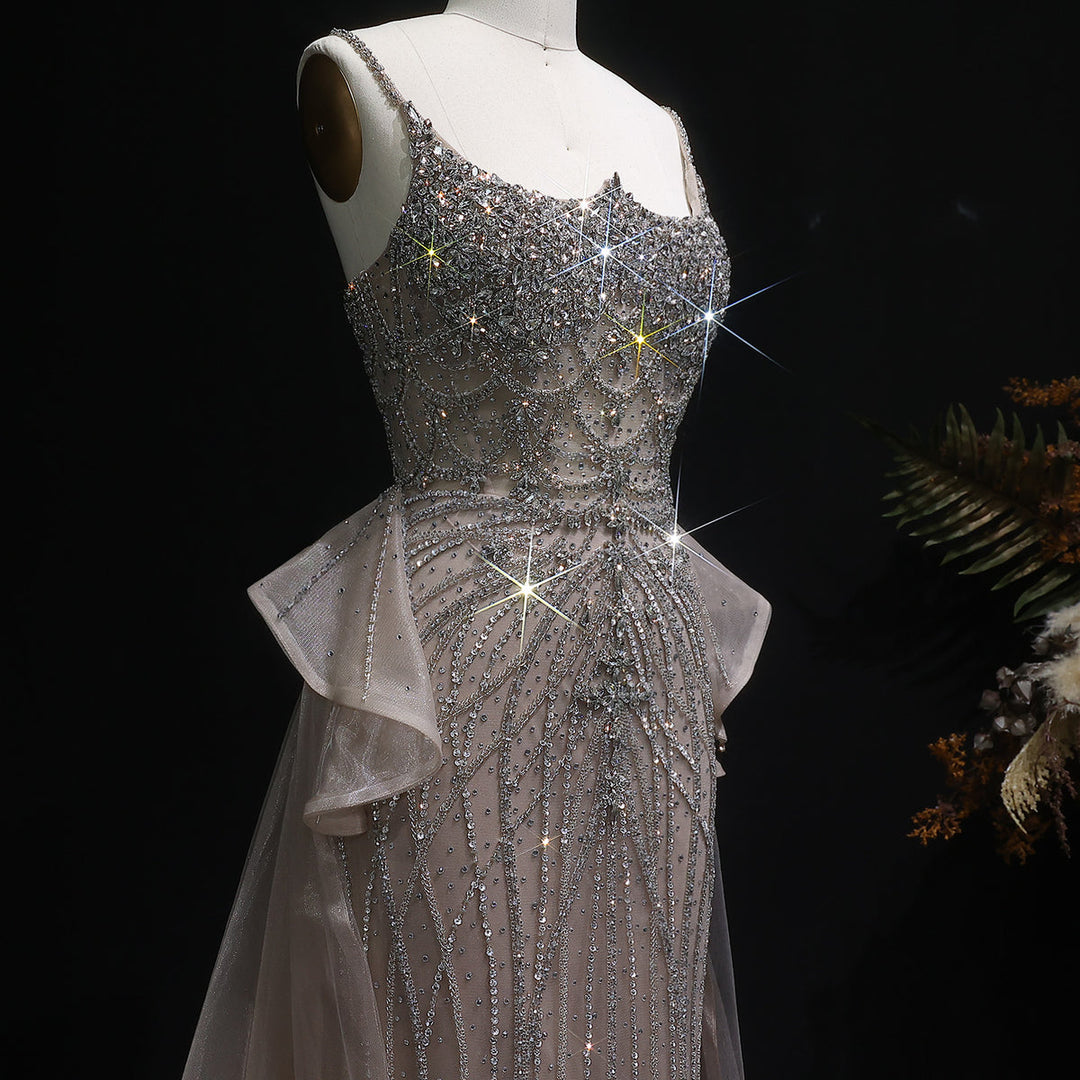 Glamorous Champagne Evening Dress with Layered Overskirt SS026