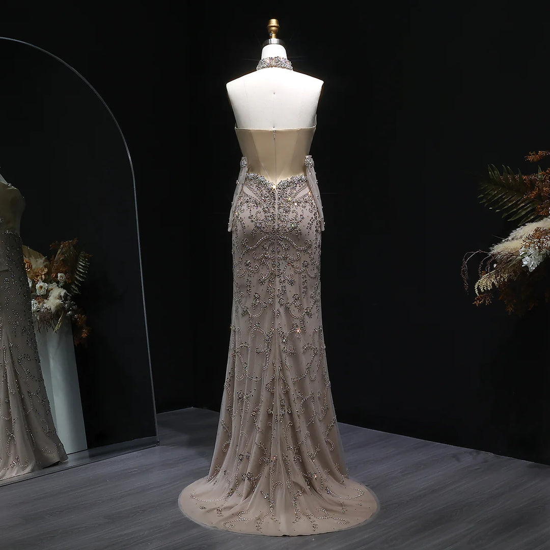 Elegant Champagne Beaded Evening Dress with Scarf Gloves SS069