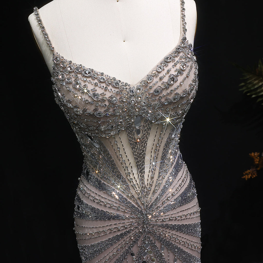 Elegant Beaded Evening Dress with Spaghetti Straps SS020
