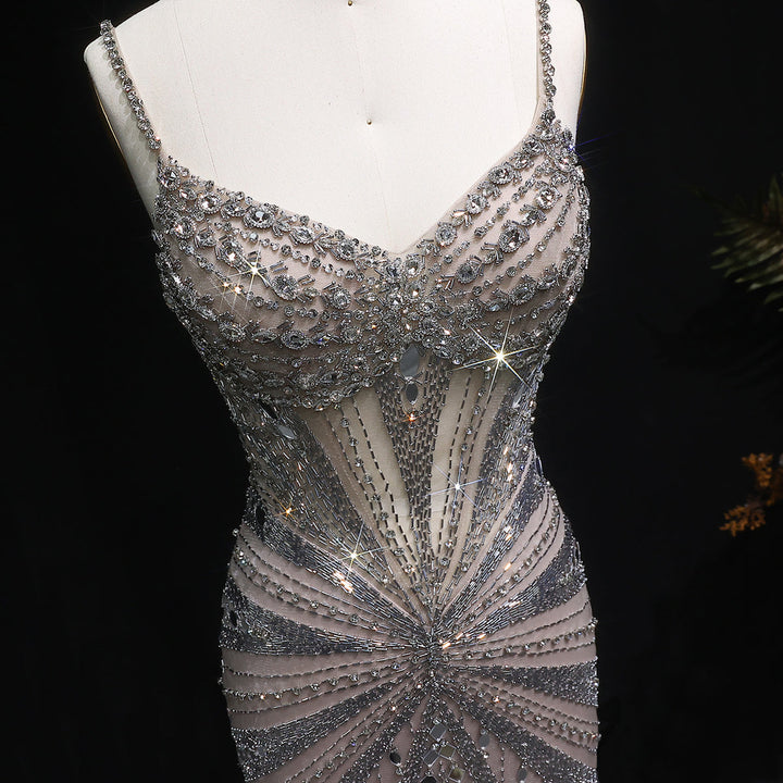 Elegant Beaded Evening Dress with Spaghetti Straps SS020