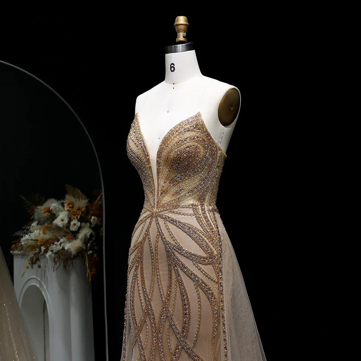 Luxury Champagne Evening Dress with Dramatic Overskirt SS068