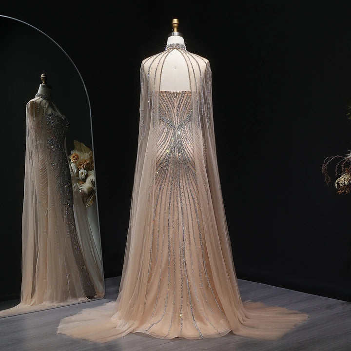 Elegant Pink Mermaid Evening Dress with Crystals Cape SS017