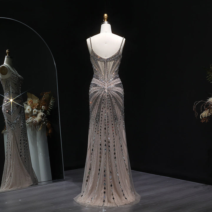Elegant Beaded Evening Dress with Spaghetti Straps SS020