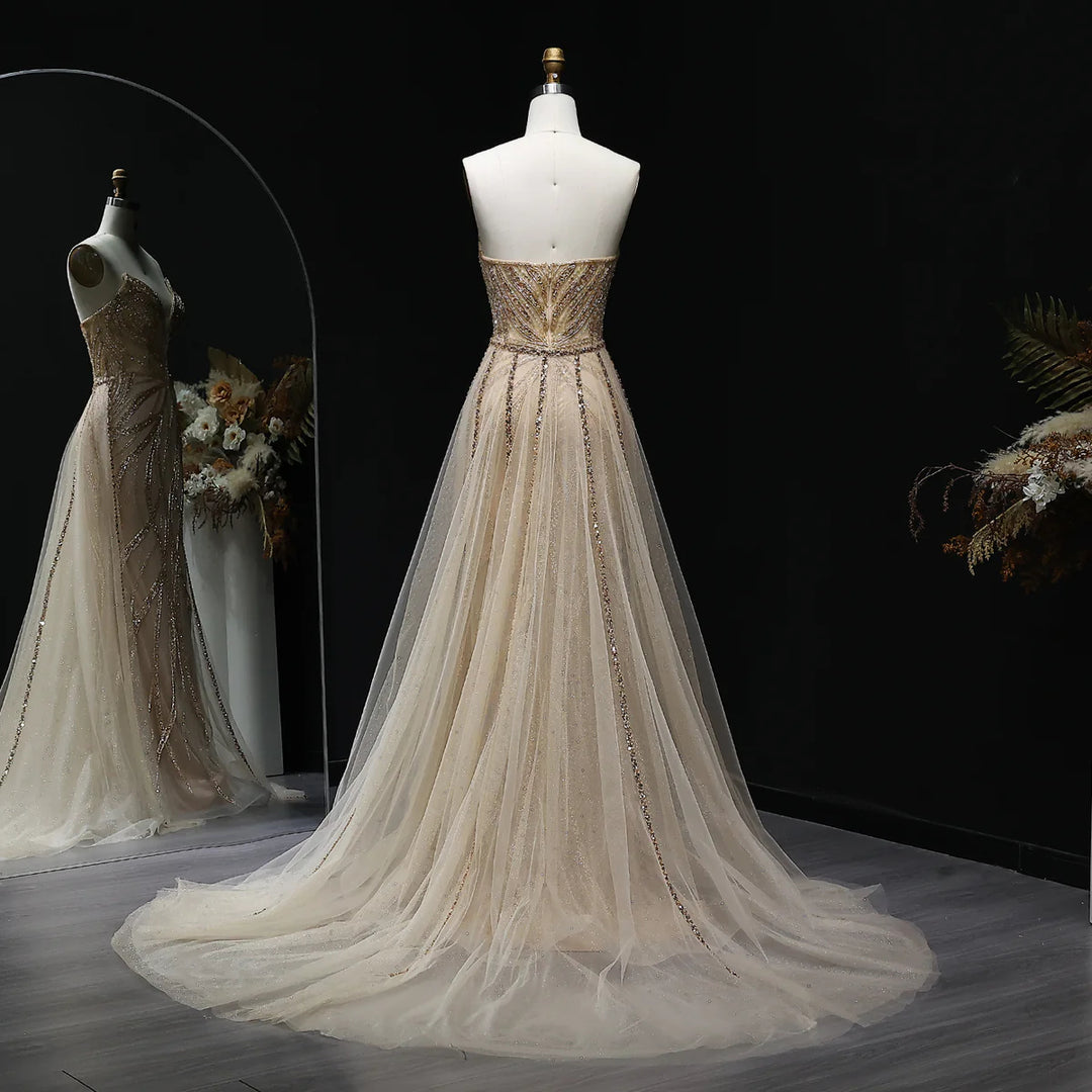 Luxury Champagne Evening Dress with Dramatic Overskirt SS068