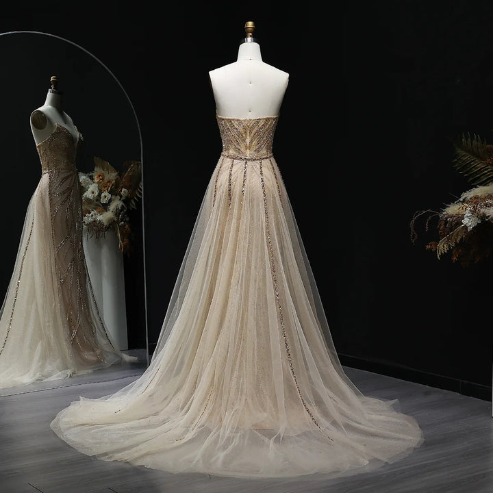 Luxury Champagne Evening Dress with Dramatic Overskirt SS068