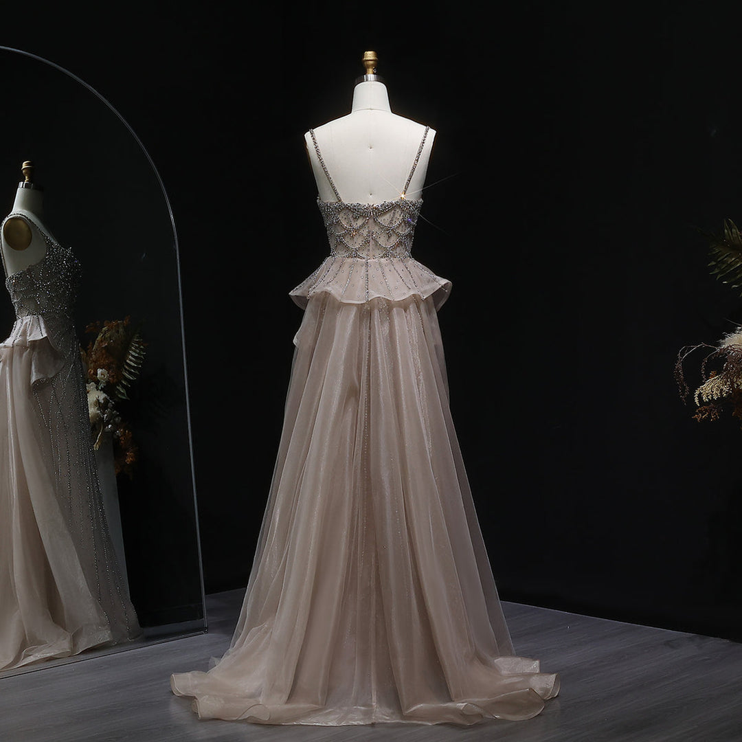 Glamorous Champagne Evening Dress with Layered Overskirt SS026