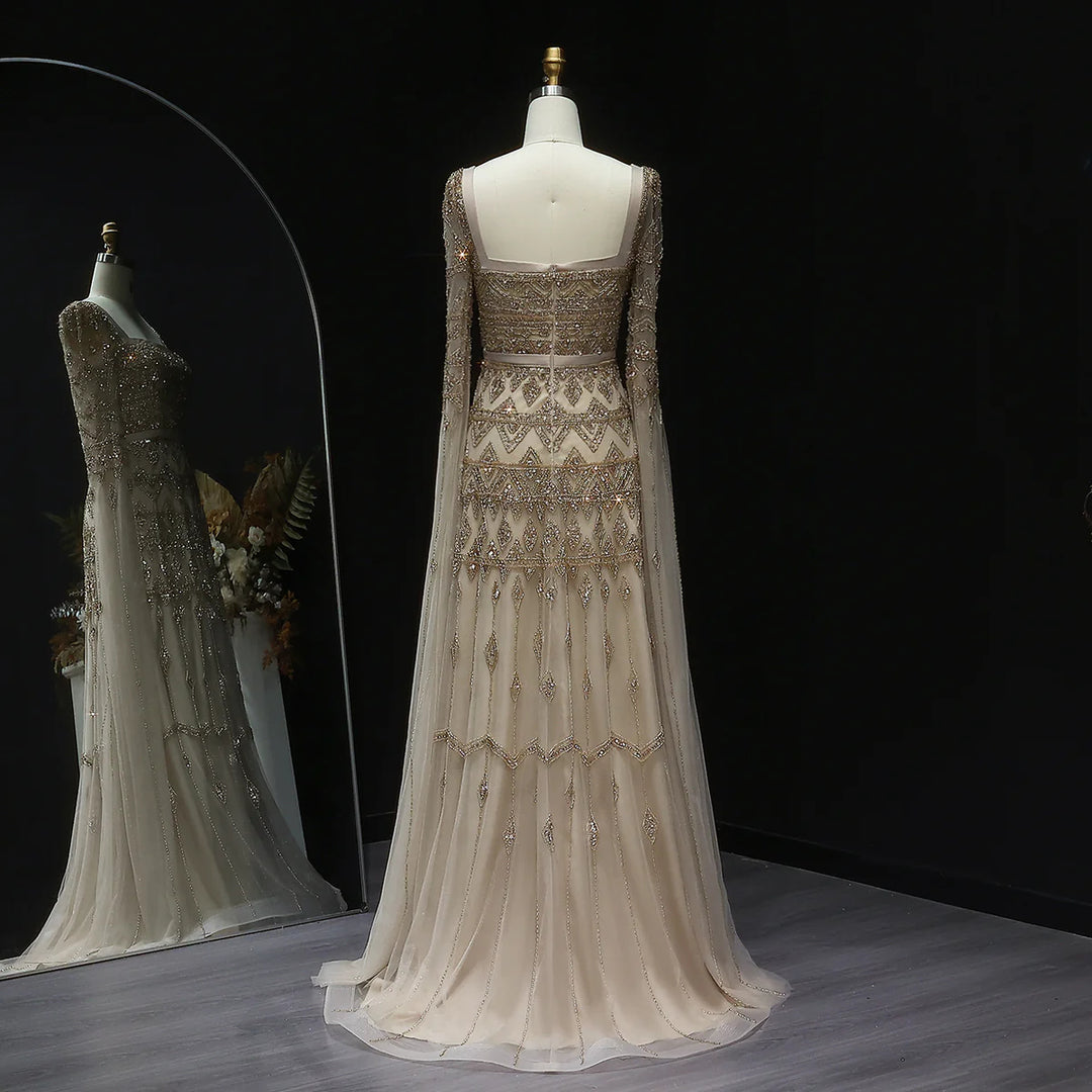 Luxury Wine Red Burgundy Evening Dress with Cape Sleeves SS461