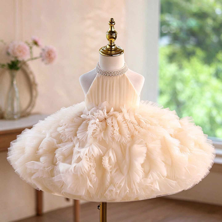 Pearl Halter Ruffle Tulle Girls Pageant Dress D010