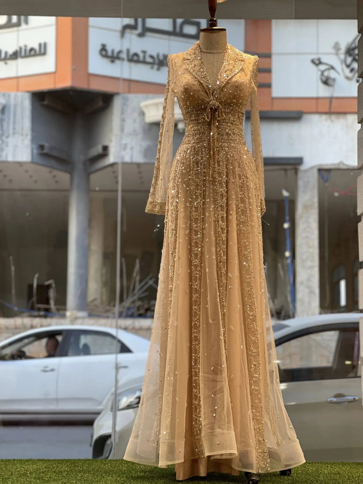 Luxury Champagne Gold Sequin Long Sleeve Evening Gown with Sheer Tulle Overlay SS149