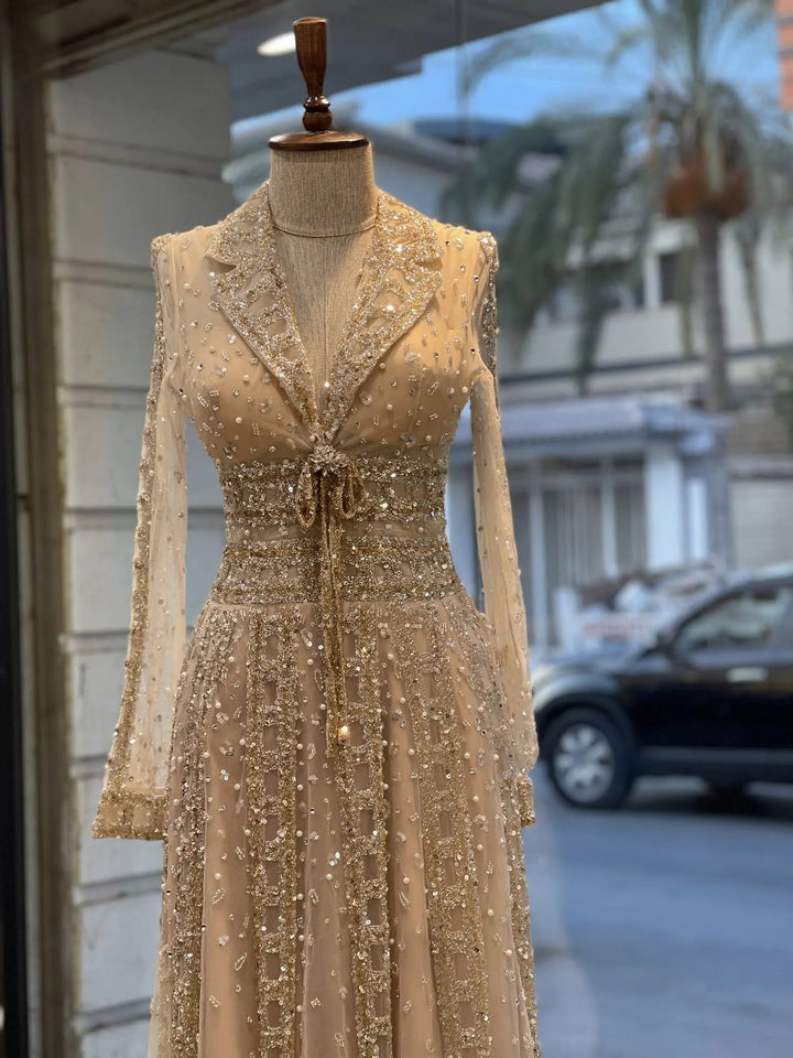 Luxury Champagne Gold Sequin Long Sleeve Evening Gown with Sheer Tulle Overlay SS149