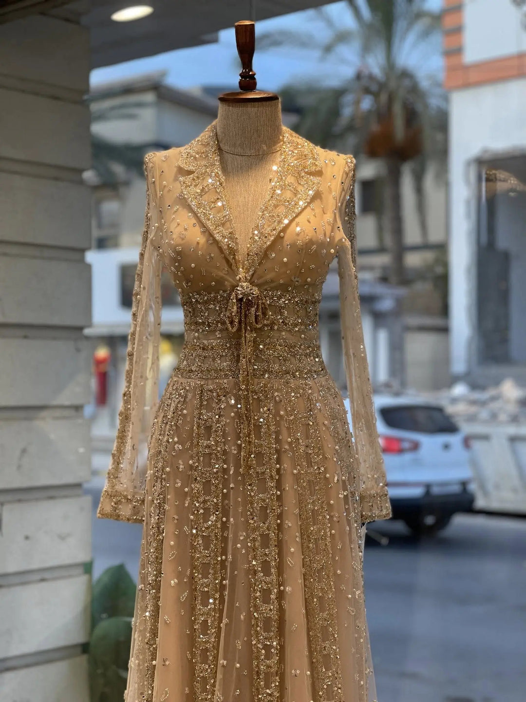 Luxury Champagne Gold Sequin Long Sleeve Evening Gown with Sheer Tulle Overlay SS149