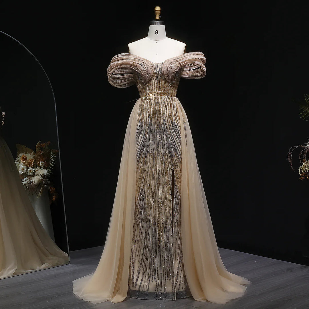 Luxury Beaded Corset Evening Gown with Dramatic Overskirt SS717