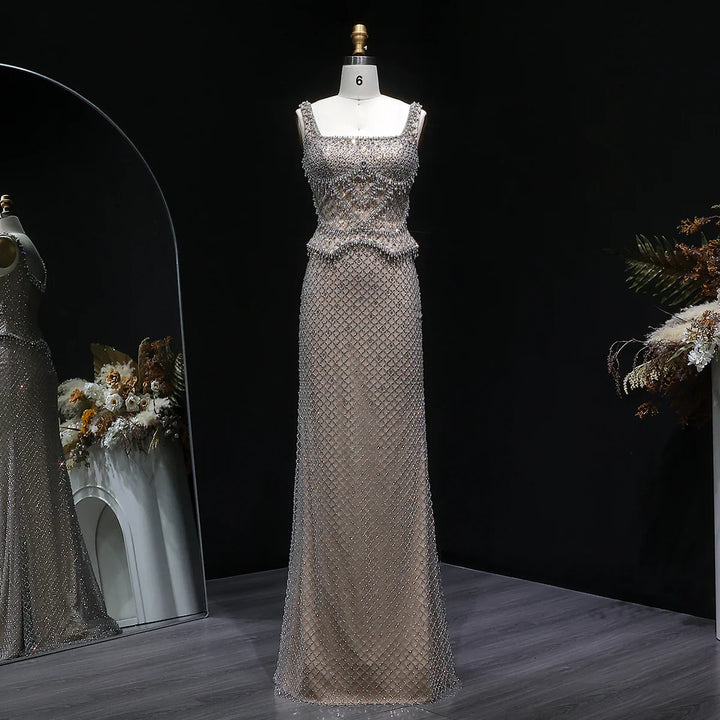 Luxury Silver Grey Evening Dress with Crystal Beading SS631