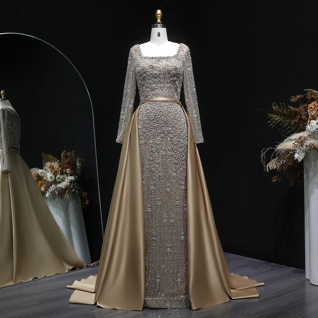 Luxury Champagne Beaded with Overskirt Evening Dress SS119