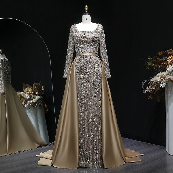 Luxury Champagne Beaded with Overskirt Evening Dress SS119