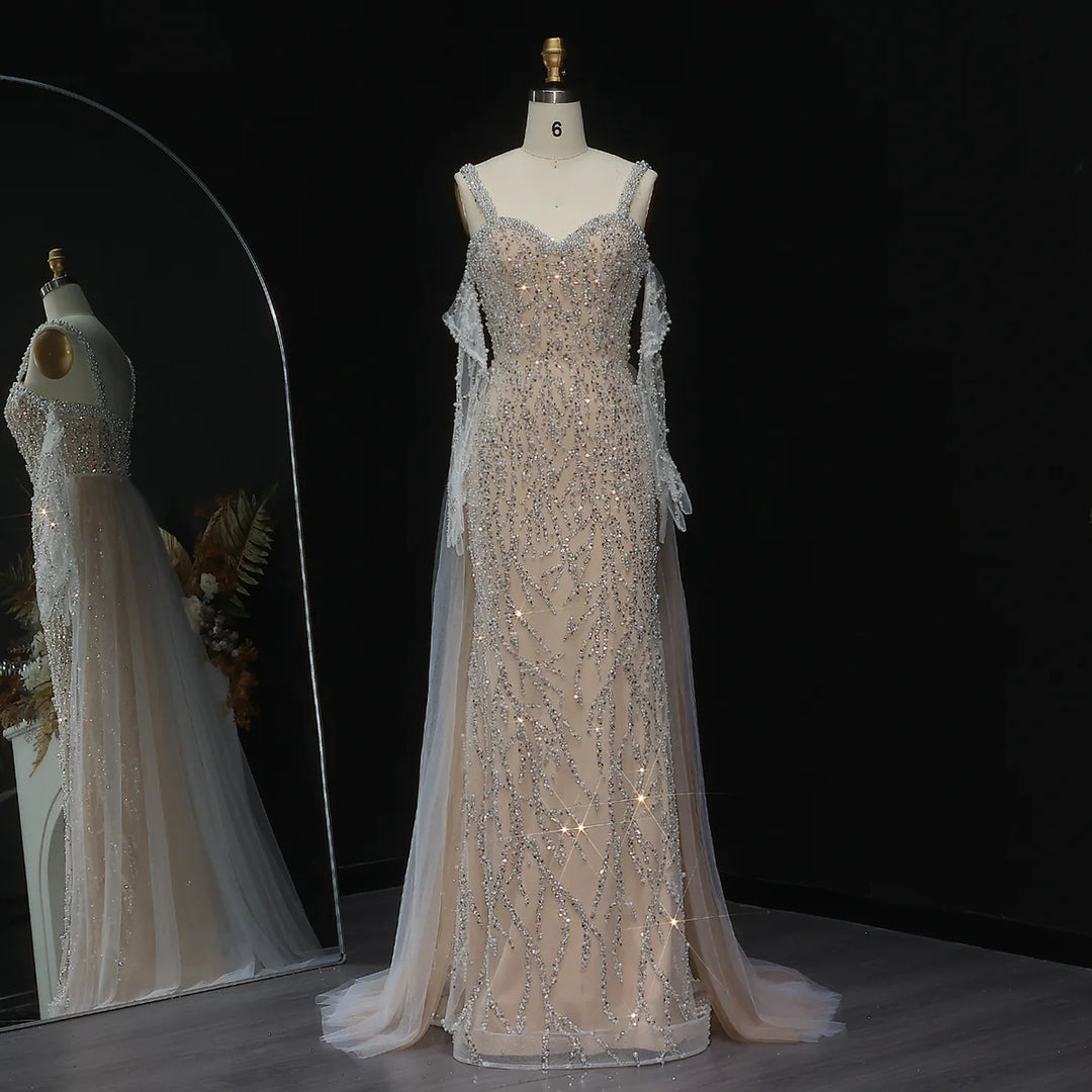 Elegant Champagne Evening Dress with Sheer Cape Sleeves SS634