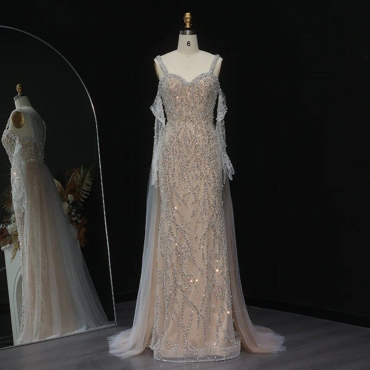 Elegant Champagne Evening Dress with Sheer Cape Sleeves SS634