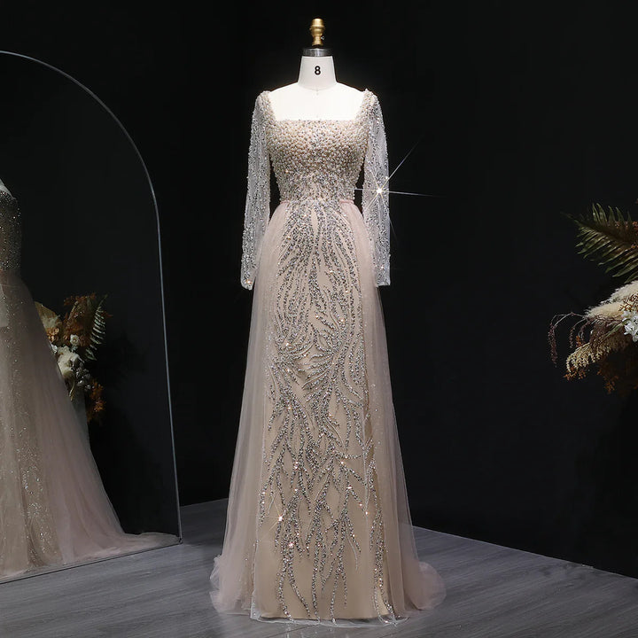 Glamorous Champagne Beaded Prom Dress with Long Sleeves SS632