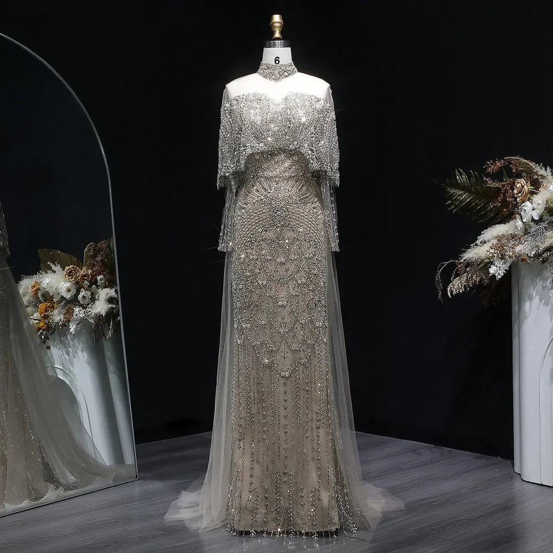 Luxury Gray Dubai Evening Gown with Detachable Overskirt SS557