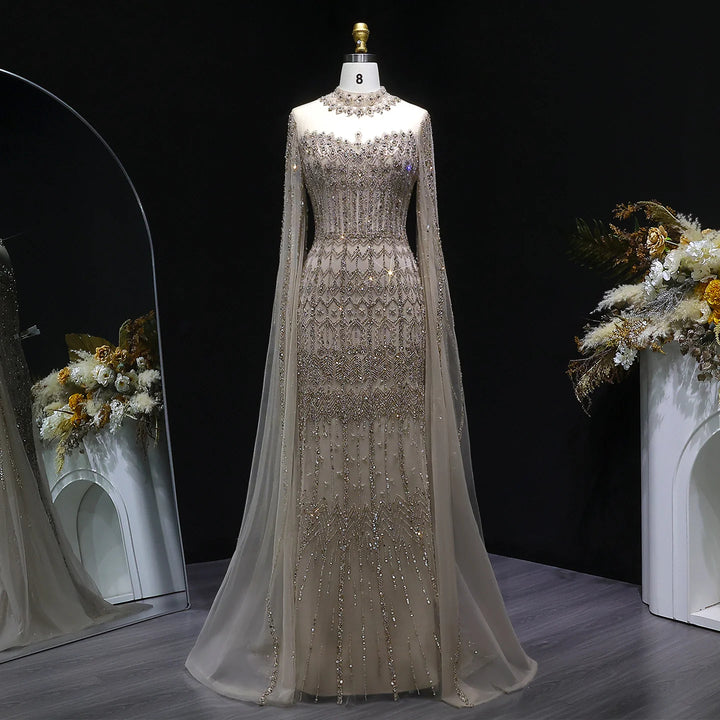 Luxury Sequin Beaded Cape Sleeve Evening Gown SS150