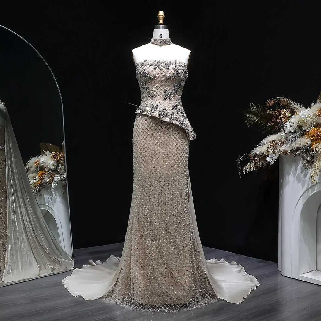 Luxury Champagne Strapless Beaded Mermaid Evening Dress with Train SS394